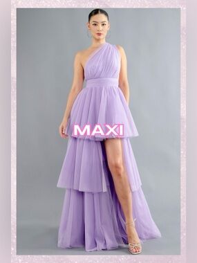Lavender Rosevelvet One-Shoulder High-Low Tulle Dress